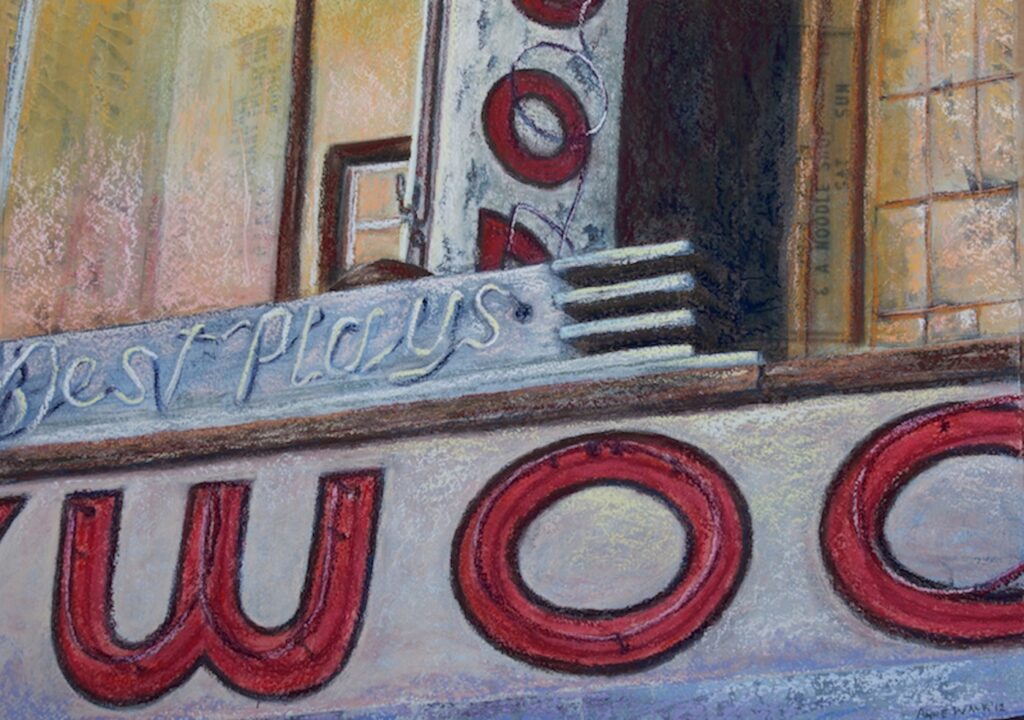 large soft pastel painting depicting a closeup of neon signage on a beige building. A smaller white sign reads "Best Plays" while a larger sign is cropped to read "Woo" in red neon. There is a virtical sign behind them with only the letter "O" fully rendered.